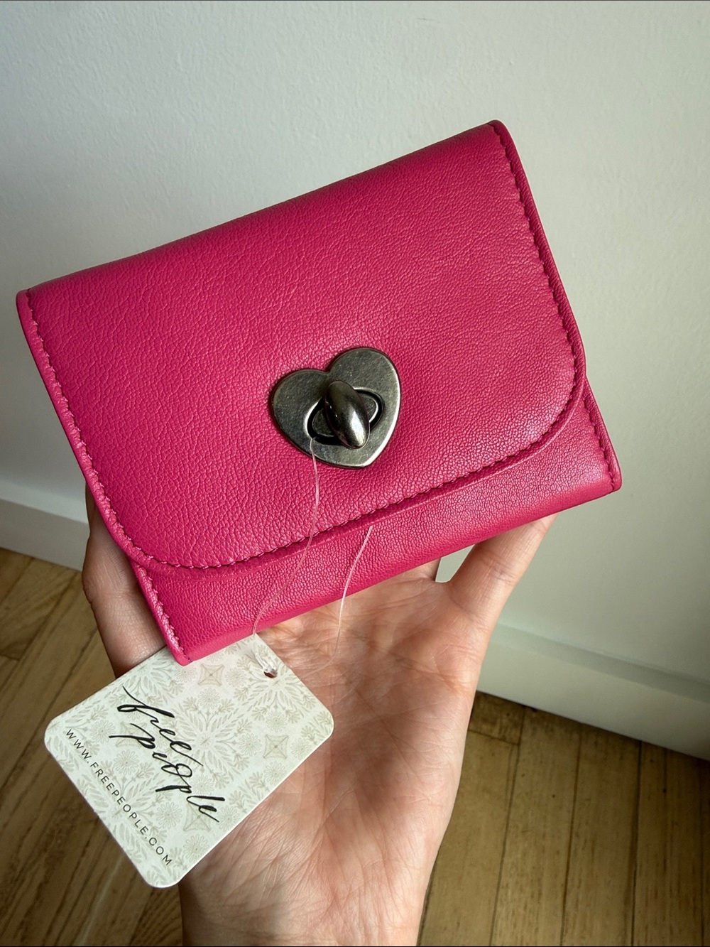 NWT Free People Hot Pink Leather Wallet with Heart Turn-Lock